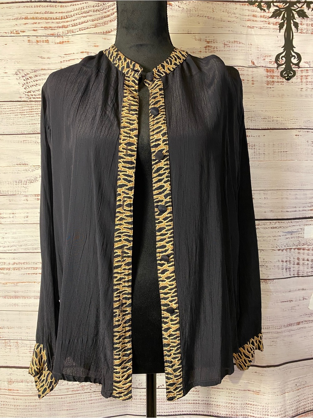 Black Sheer Button-Front Blouse with Gold Animal-Print Trim Sz-L